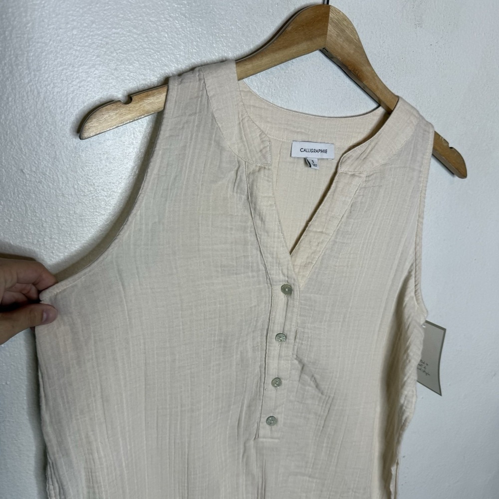 New Calligraphie Cream Textured Sleeveless Dress Open Sides‎ Womens Small - Picture 2 of 11